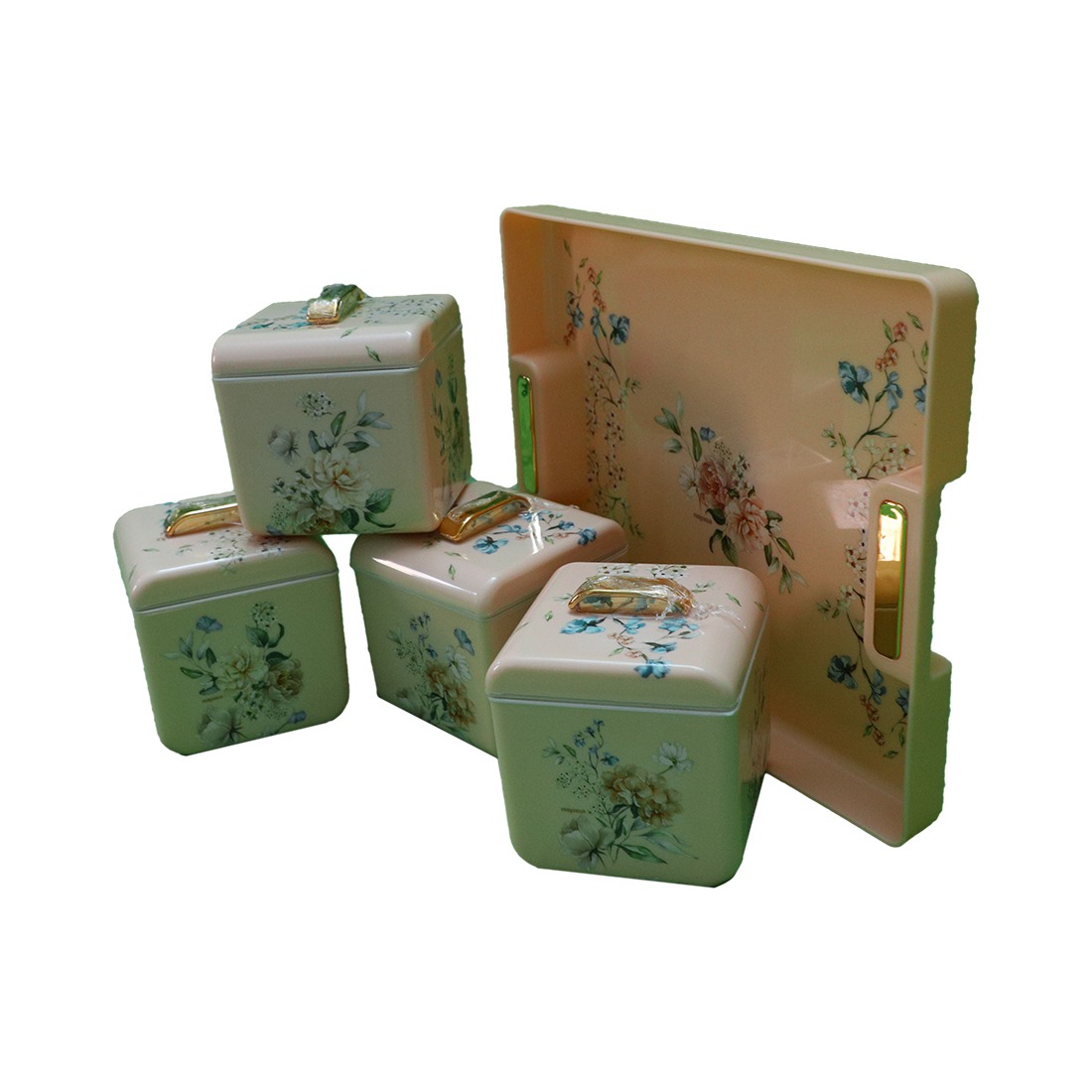 Floral Square Storage Container Set with Matching Tray