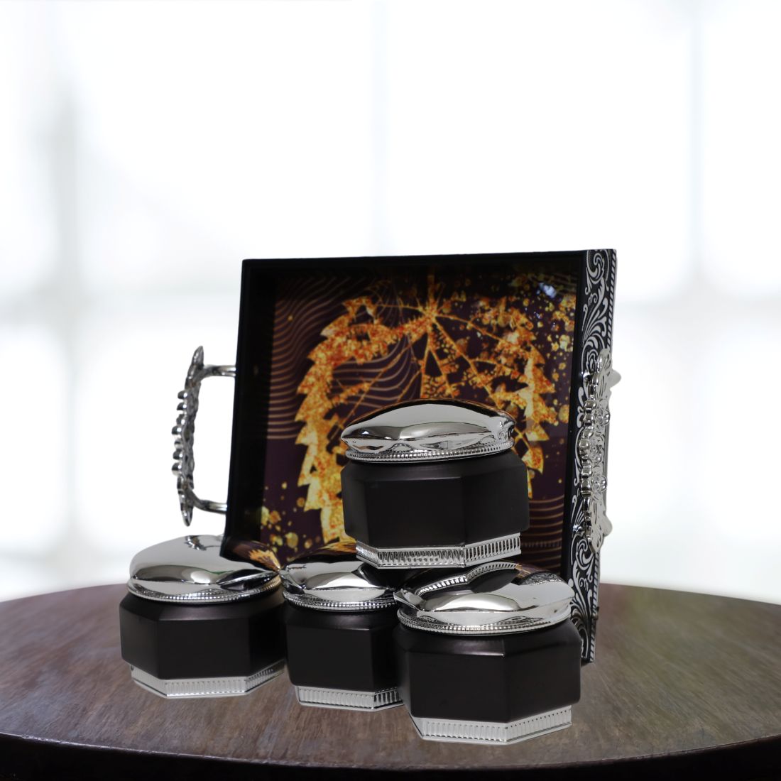 Luxury Hexagonal Black Container Set with Silver Lids