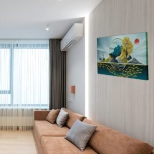 Modern Abstract Nature Wall Painting | Golden Tree & Mountain Landscape Art | Framed Acrylic Décor | 28x16 Inch - Image 3