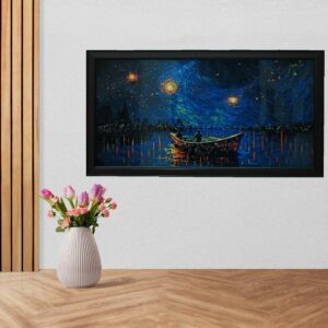 Starry Night Lake Boat Acrylic Painting - Image 4