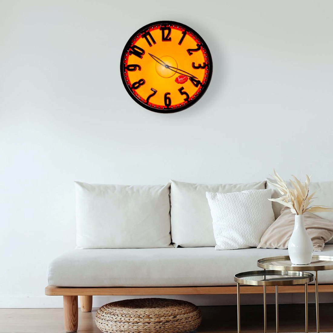 Fluorescent Round Orange Wall Clock with Dome Glass