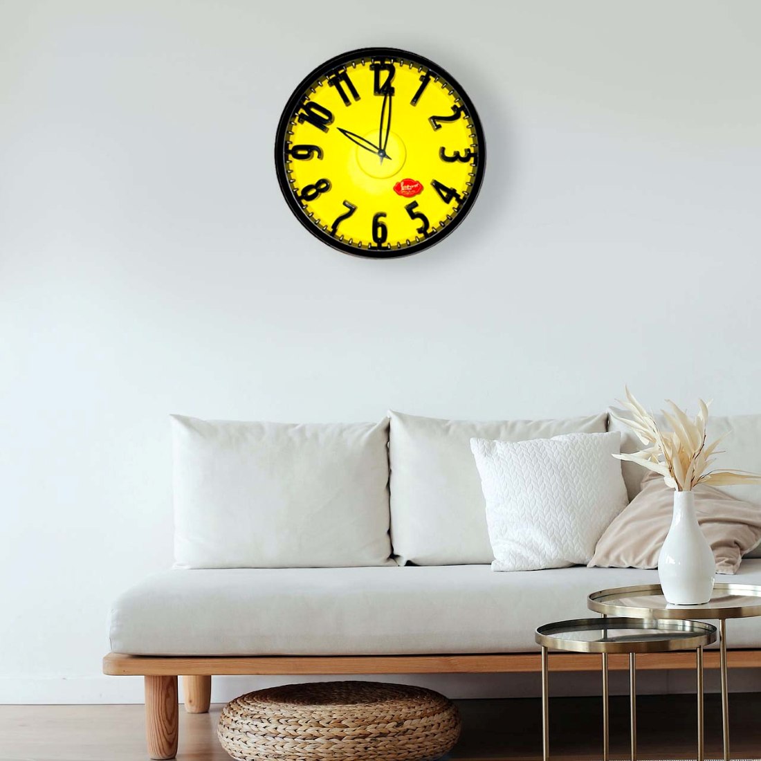 Fluorescent Round Yello Wall Clock with Dome Glass