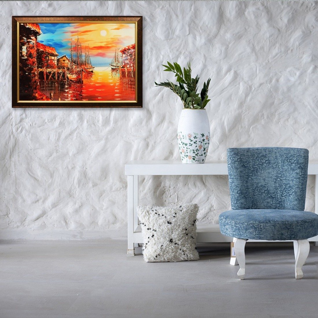 Harbor Sunset Crystal Embossed Framed Painting