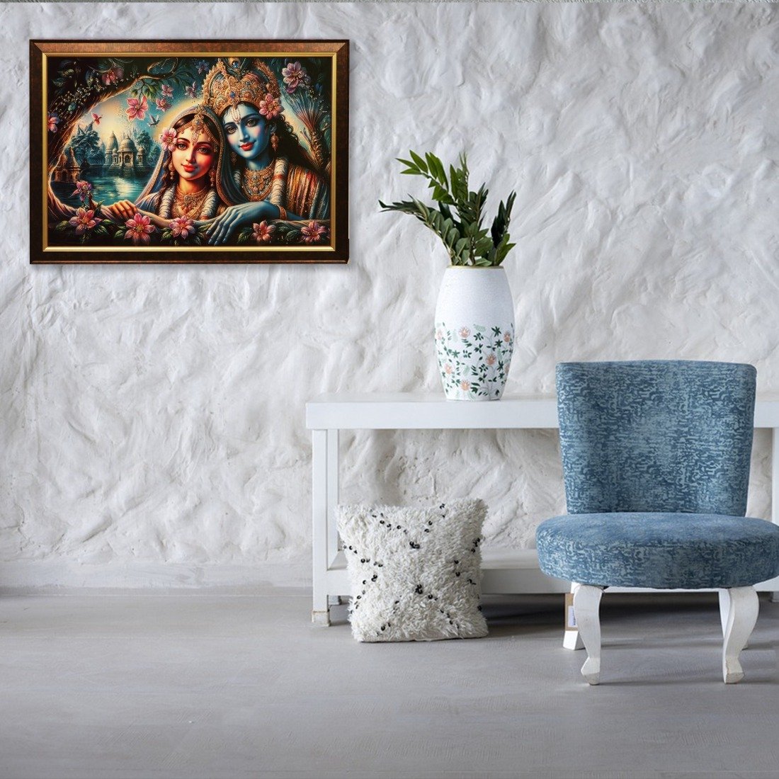Radha Krishan Sunset Crystal Embossed Framed Painting