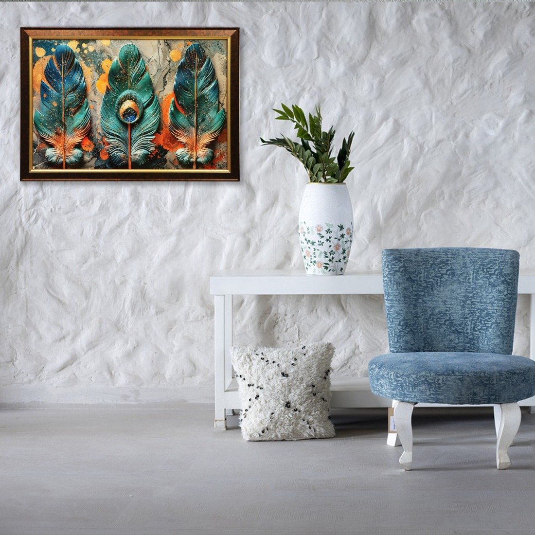 Vibrant Feathers Crystal Embossed Framed Painting